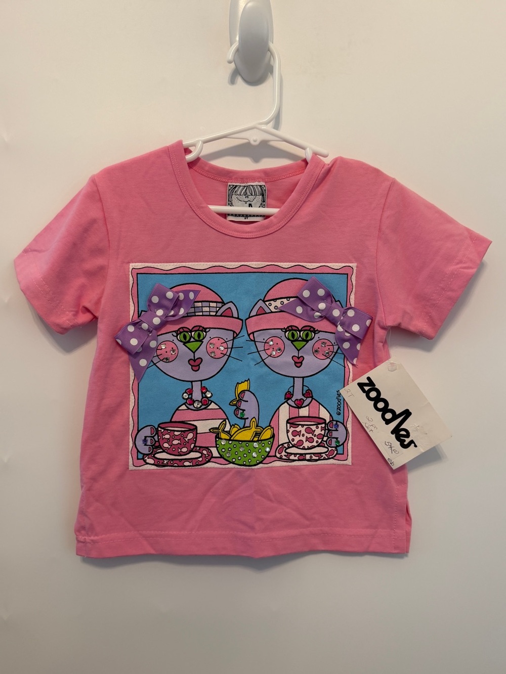 NWT Zoodles Vintage 90s Pink T-shirt Size 2T Rhinestones, Cats, Bows